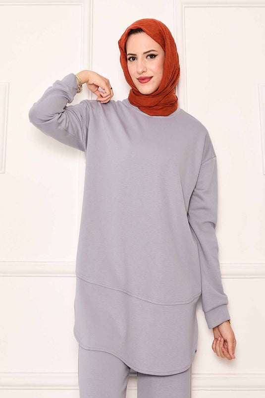 بدلة أويشو الأساسية ذات الرقبة الدائرية باللون الرمادي
