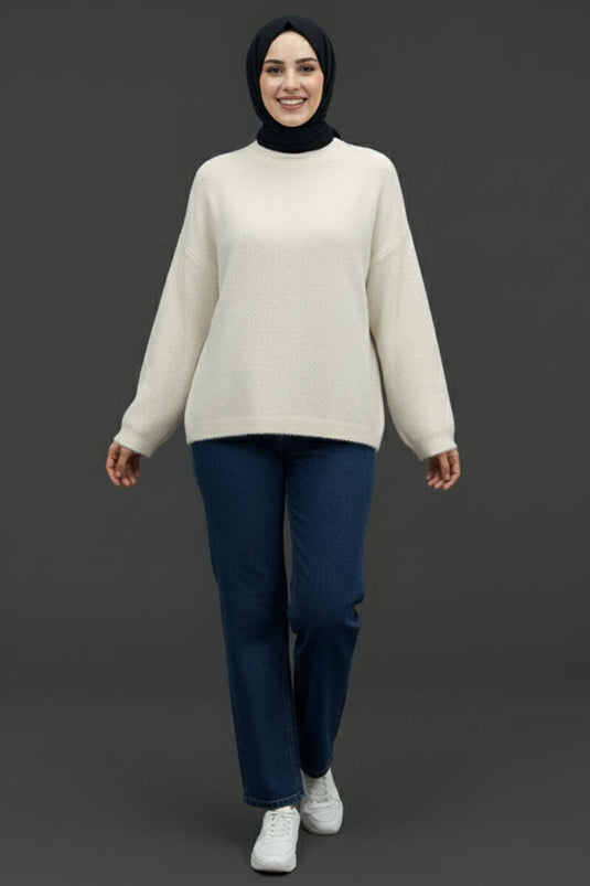 Bisiklet Yaka Basic Sakallı Kazak Beyaz