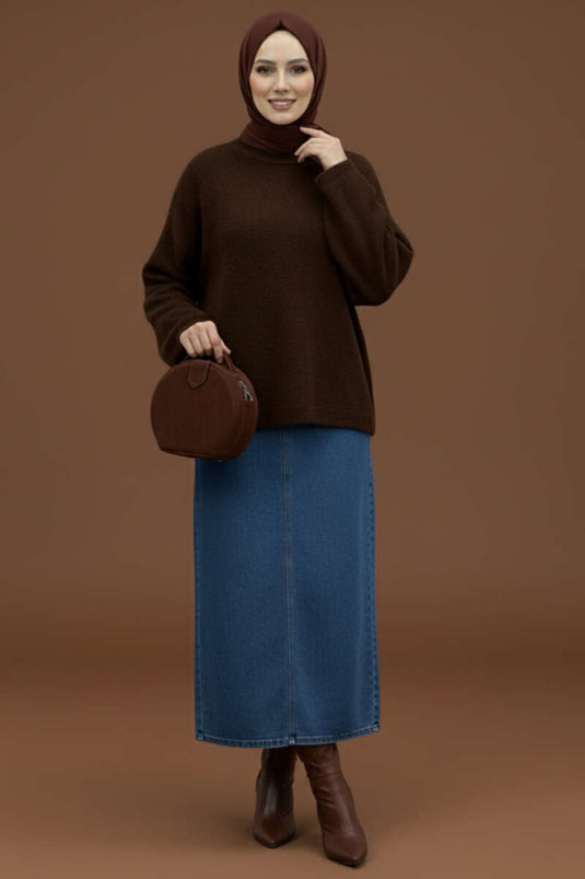 Bisiklet Yaka Basic Sakallı Kazak Kahve