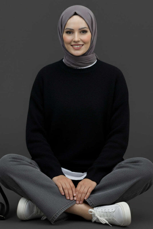 بلوفر بياقة دائرية بسيط بنمط اللحية - أسود