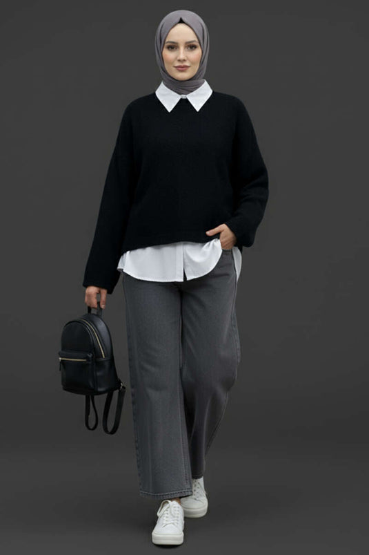 Bisiklet Yaka Basic Sakallı Kazak Siyah