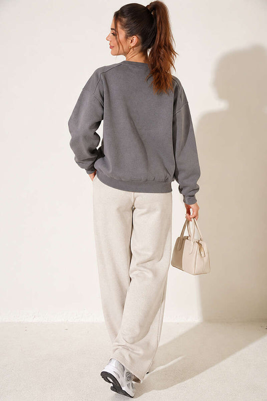 Bisiklet Yaka Basic Üç İplik Sweatshirt Kayrak Grisi