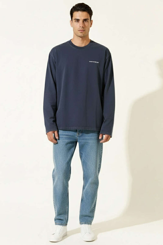 Sweat-shirt imprimé à col rond bleu marine