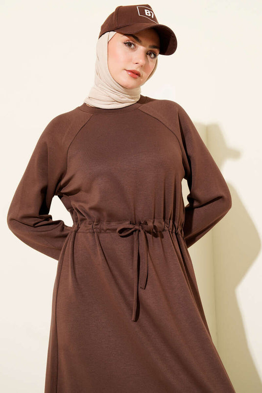Bisiklet Yaka Bel Tünelli Loyşa Elbise Kahve