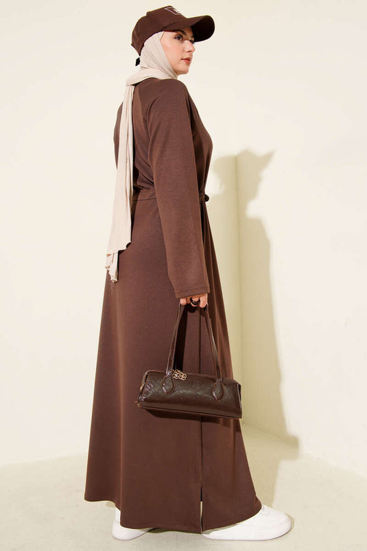 Bisiklet Yaka Bel Tünelli Loyşa Elbise Kahve