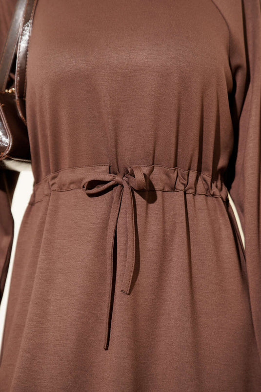 Bisiklet Yaka Bel Tünelli Loyşa Elbise Kahve