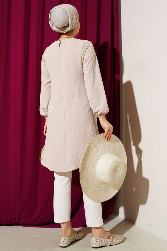Crew Neck Trimmed Ayrobin Tunic, Beige