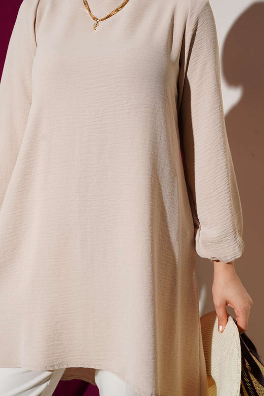 Crew Neck Trimmed Ayrobin Tunic, Beige