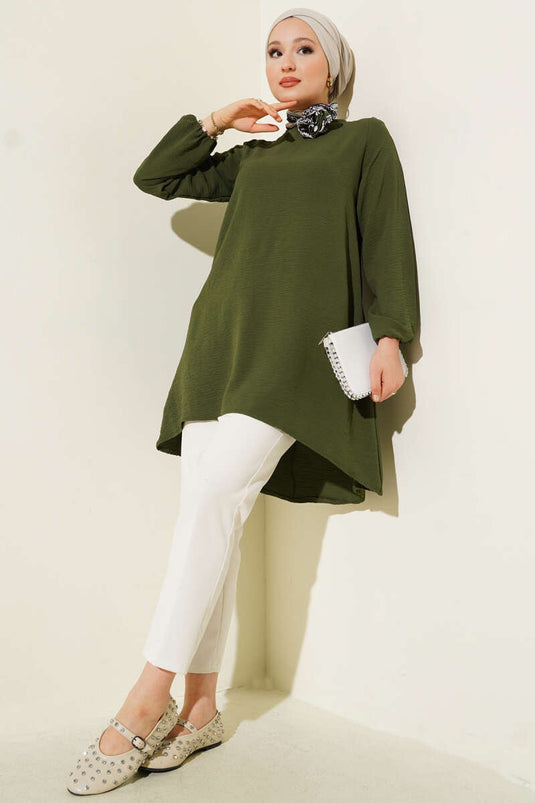 Ayrobin-Tunika mit Rundhalsausschnitt und Paspelierung, Khaki