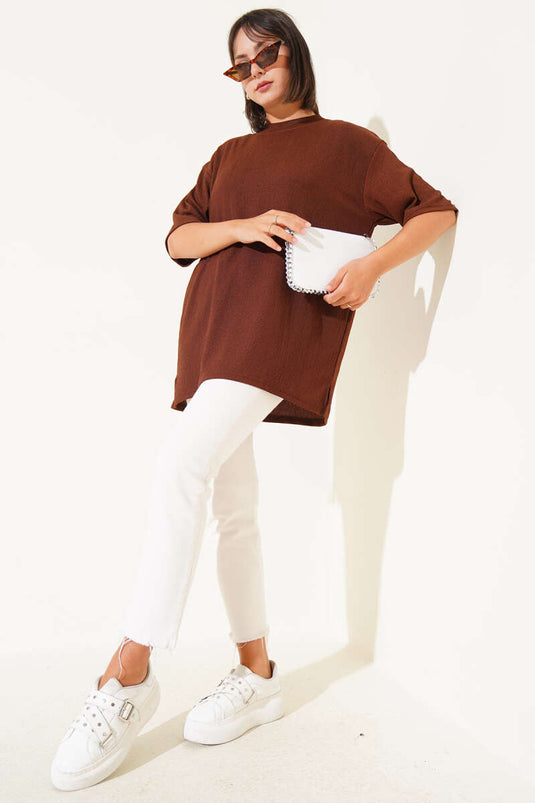 Rundhals-T-Shirt aus Krepp, Kaffee