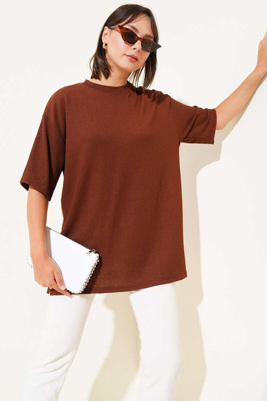 Rundhals-T-Shirt aus Krepp, Kaffee