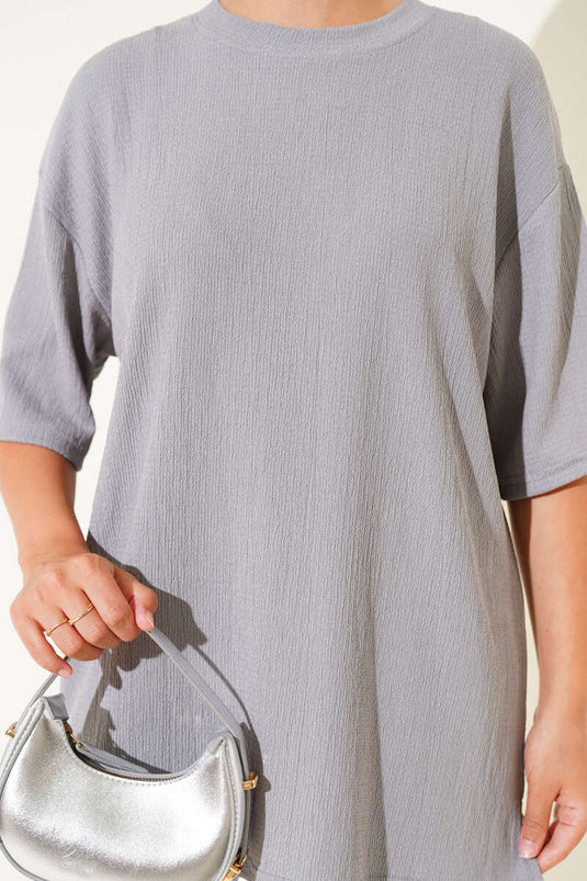 Bisiklet Yaka Bürümcük T-shirt Gri