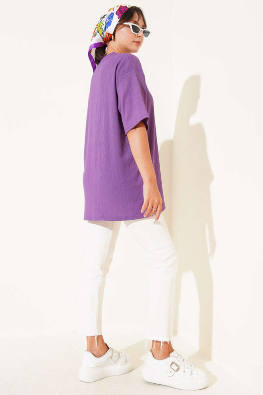 Bisiklet Yaka Bürümcük T-shirt Lila