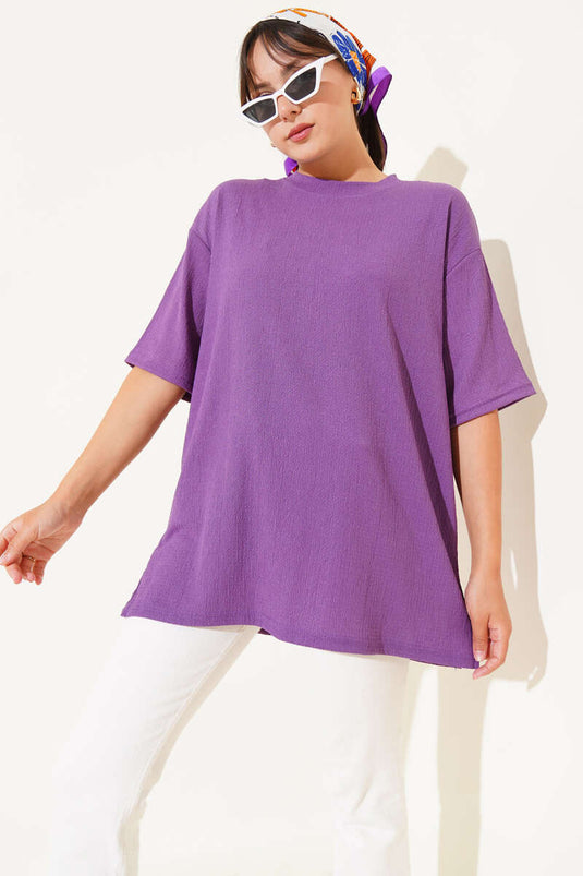 Bisiklet Yaka Bürümcük T-shirt Lila
