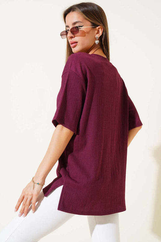 Crew Neck Wrinkled T-shirt Mulberry