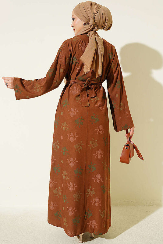 Robe À Col Rond Brodée De Fleurs En Taupe