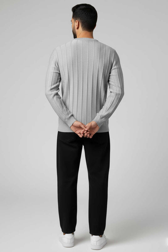 Gebreide trui met ronde hals en streepjesdetails, grijs