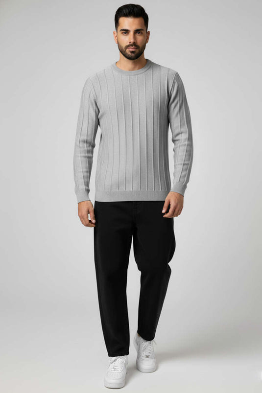 Gebreide trui met ronde hals en streepjesdetails, grijs