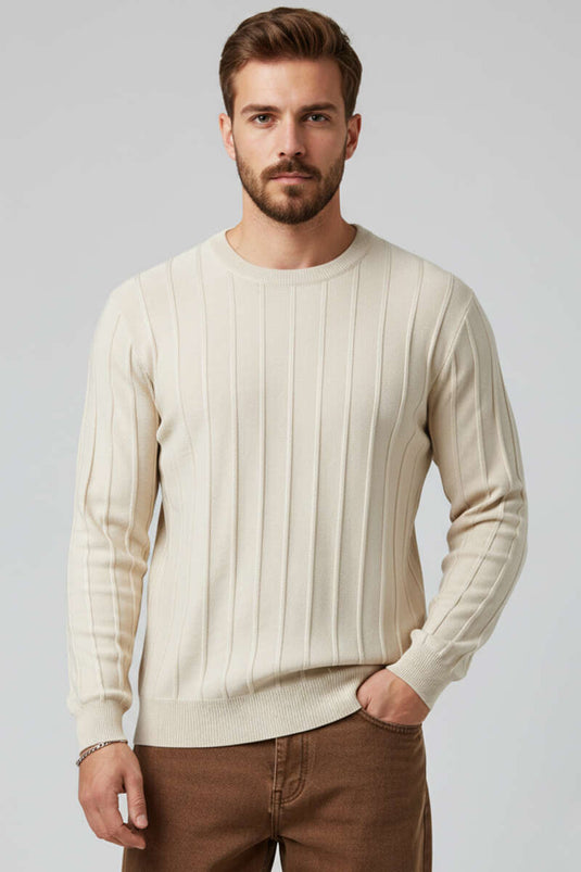 Maglione lavorato a maglia con scollo rotondo e dettagli a righe color pietra