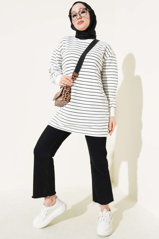 Bisiklet Yaka Çizgili Tunik Beyaz