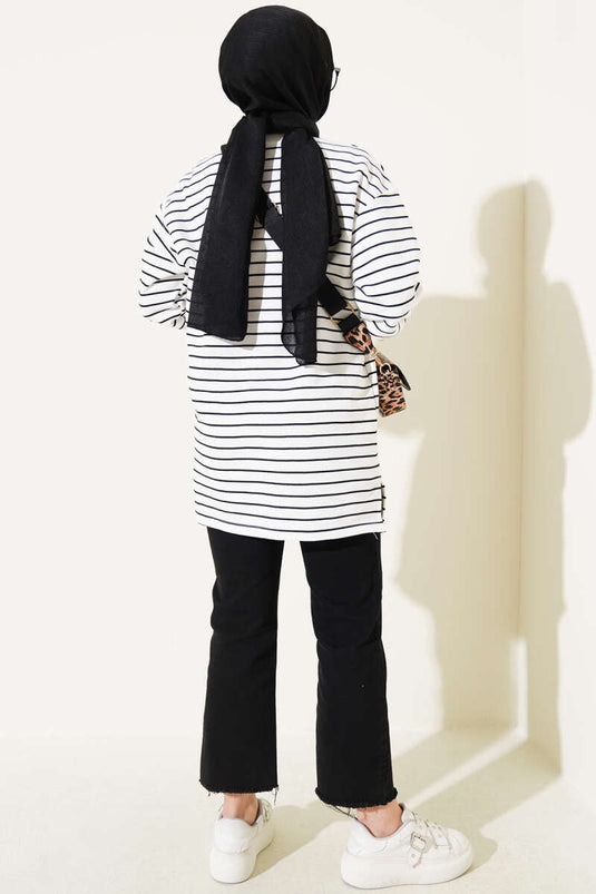 Bisiklet Yaka Çizgili Tunik Beyaz