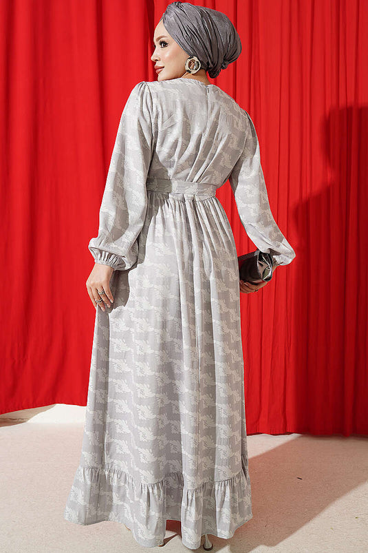 Graues Muster-Kleid Mit Rundhals