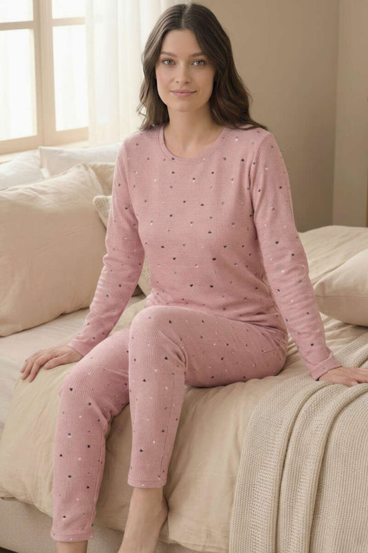 Bisiklet Yaka Desenli Pamuklu Waffle Pijama Takımı Pudra