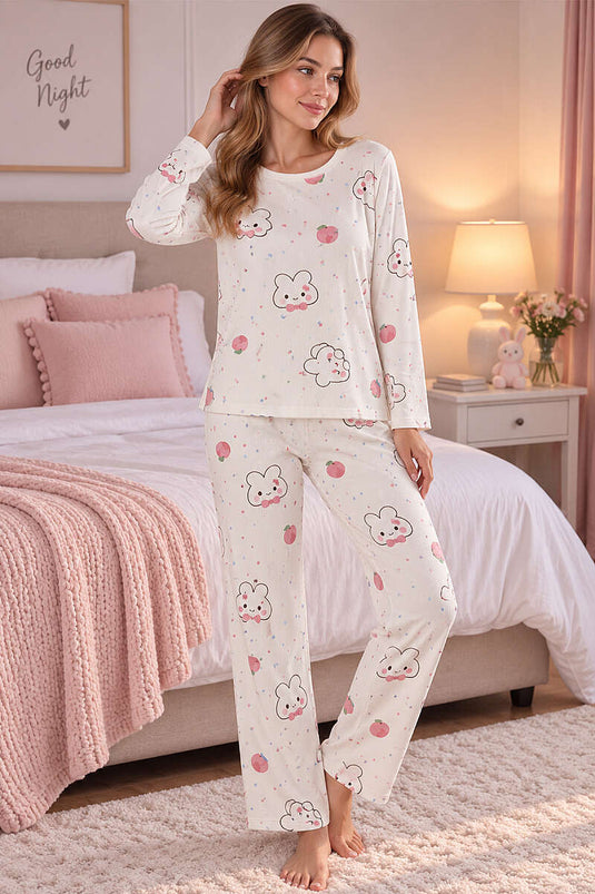 Rundhals-Pyjama-Set Mit Muster In Verschiedenen Farben