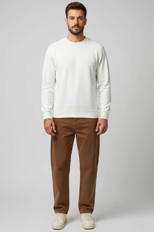 سويت شيرت رجالي برقبة دائرية مخيط، لون بيج فاتح