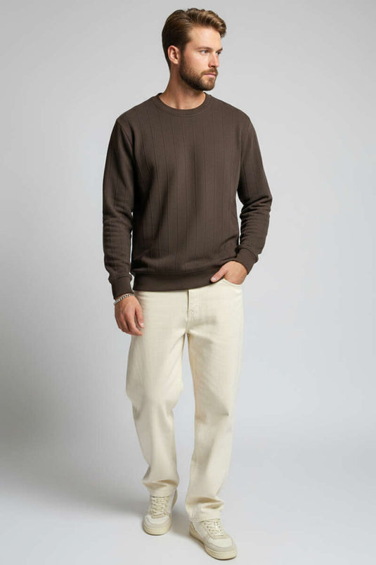 سويت شيرت رجالي برقبة دائرية مطرزة، لون بني فاتح