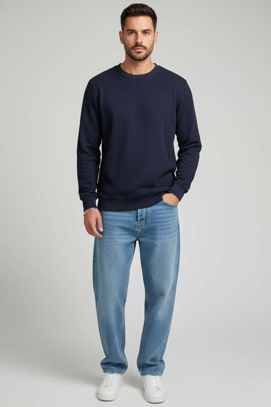 سويت شيرت رجالي برقبة دائرية مع خياطة، أزرق داكن