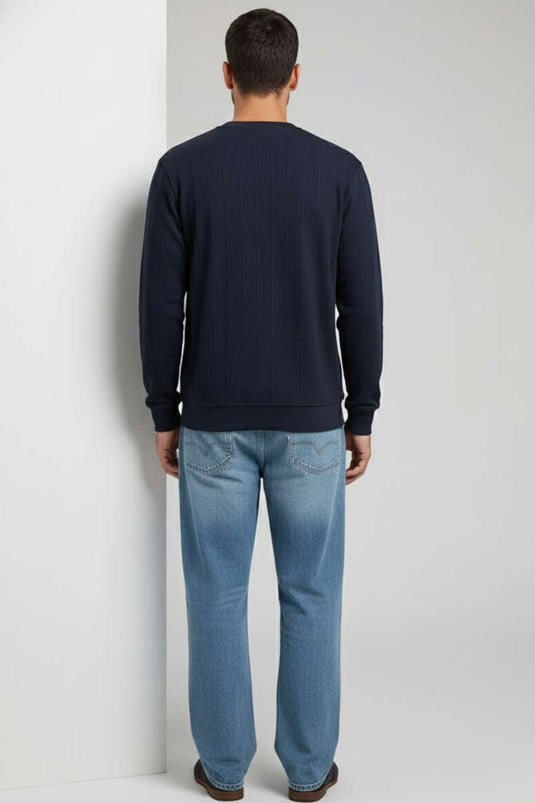 سويت شيرت رجالي برقبة دائرية مع خياطة، أزرق داكن