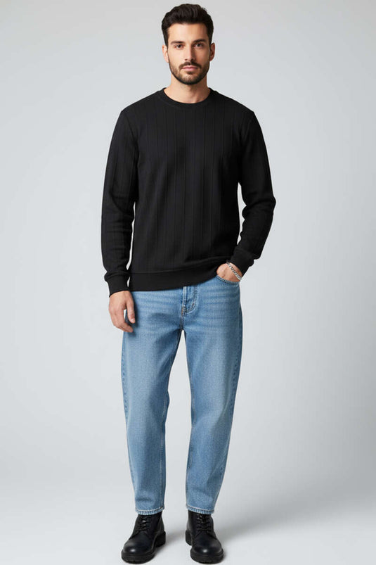 Bisiklet Yaka Dikişli Erkek Sweatshirt Siyah