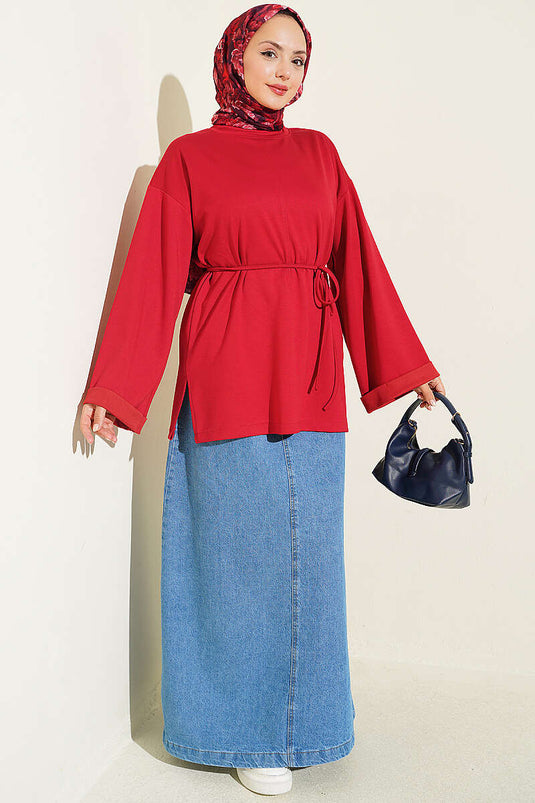 Red Bicycle Neck Double Sleeve Tie Detail Tunic