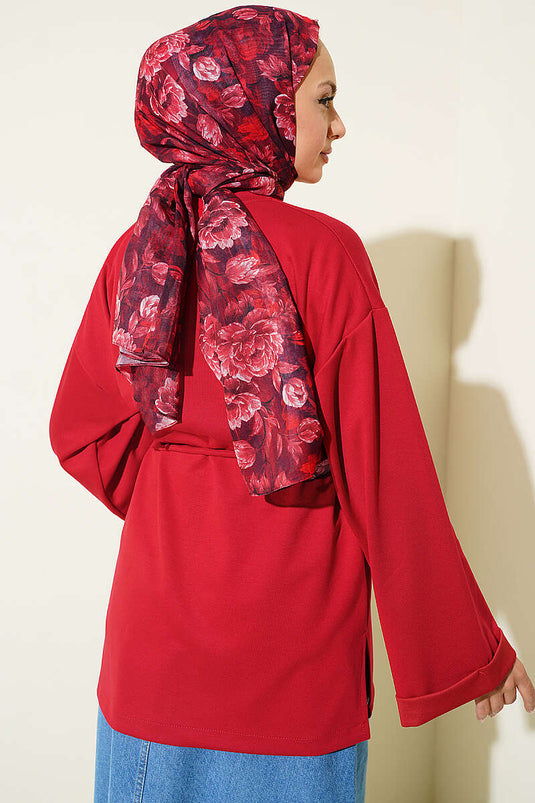 Red Bicycle Neck Double Sleeve Tie Detail Tunic