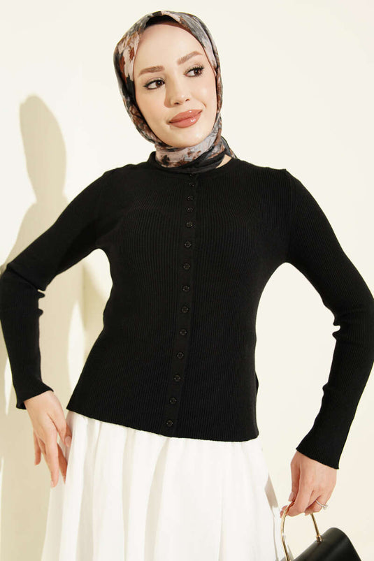 Chaqueta De Punto Negra Con Botones Y Cuello Redondo