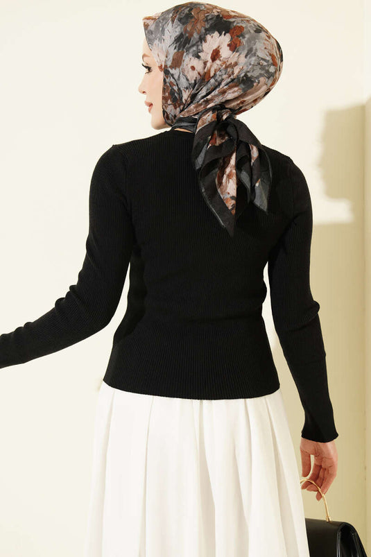Chaqueta De Punto Negra Con Botones Y Cuello Redondo