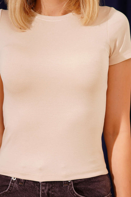 Bisiklet Yaka Düz T-shirt Bej
