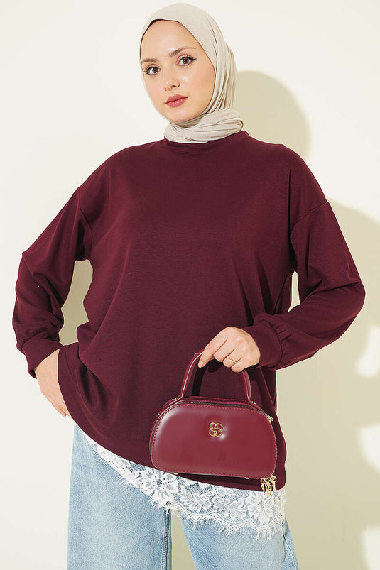Bisiklet Yaka Etek Ucu Dantelli Tunik Bordo