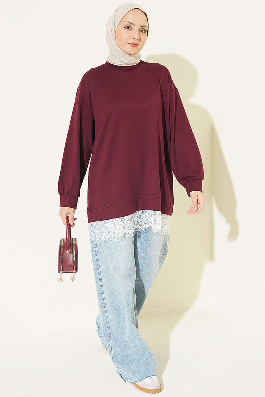Bisiklet Yaka Etek Ucu Dantelli Tunik Bordo