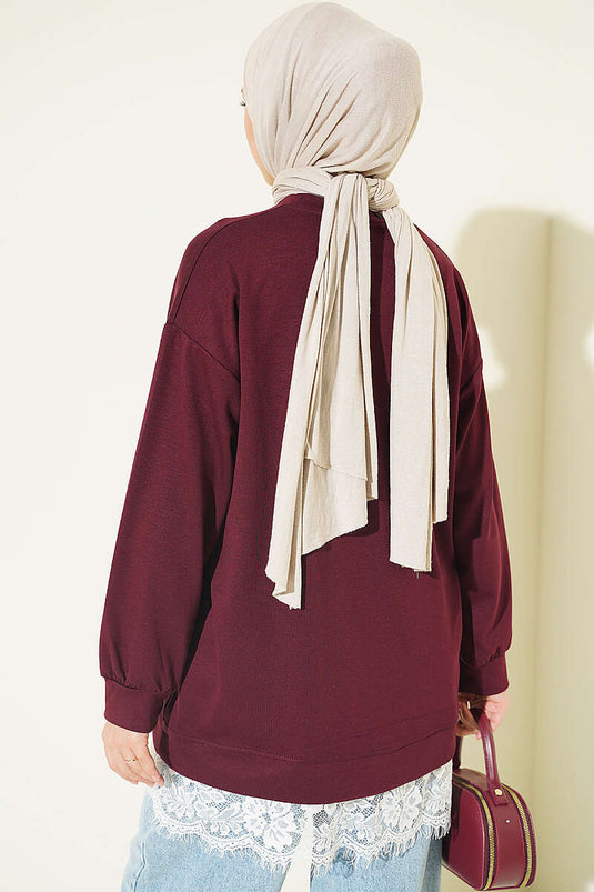 Bisiklet Yaka Etek Ucu Dantelli Tunik Bordo
