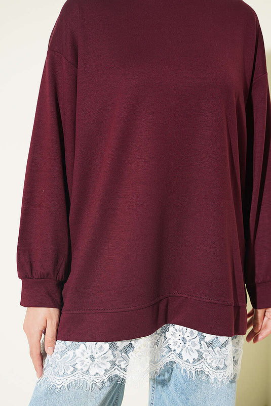 Bisiklet Yaka Etek Ucu Dantelli Tunik Bordo