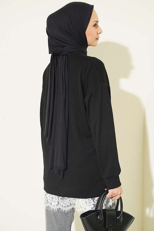 Bisiklet Yaka Etek Ucu Dantelli Tunik Siyah