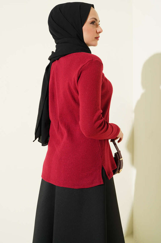 Crew Neck Ribbed Blouse Burgundy