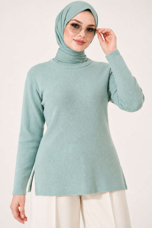 Blusa De Cuello Alto Acanalada Verde Menta