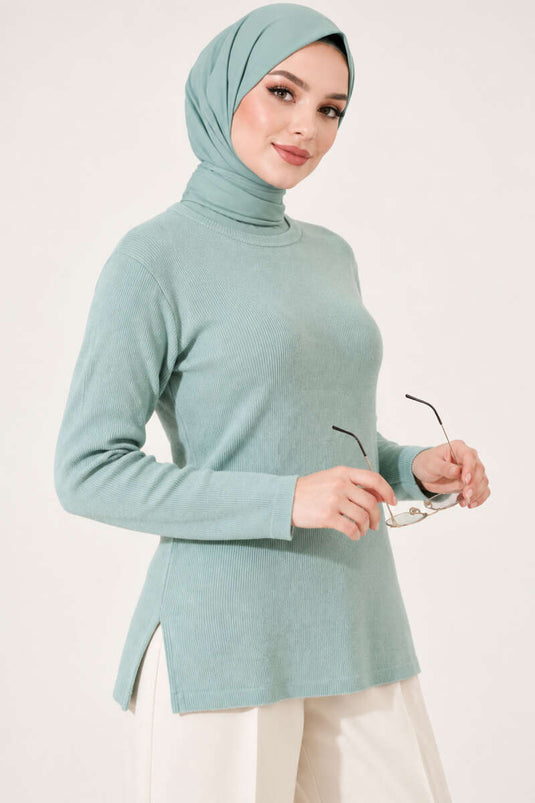 Blusa De Cuello Alto Acanalada Verde Menta