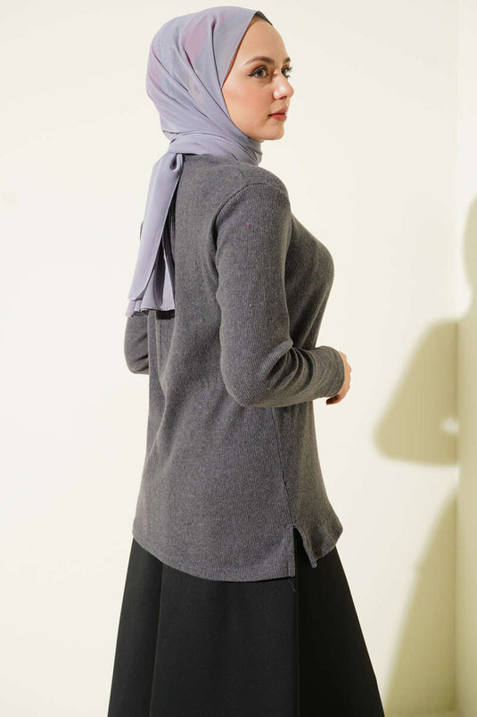 Crew Neck Ribbed Blouse, Smoke Grey
