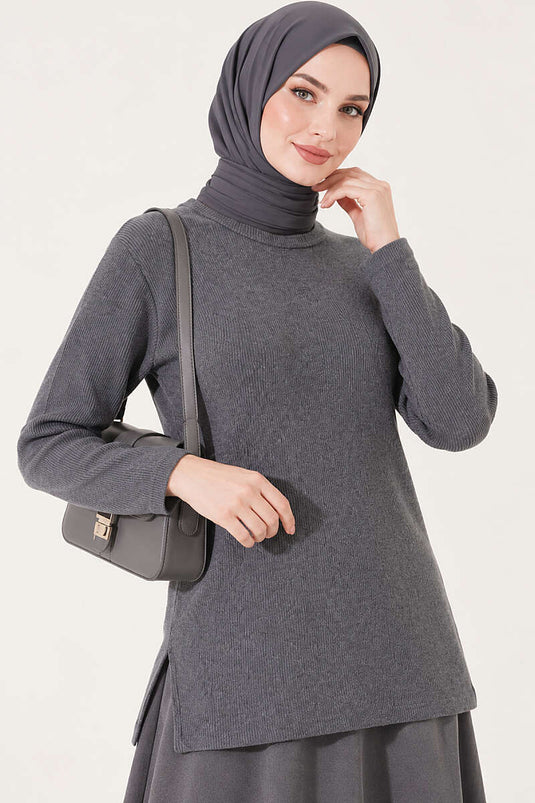 Aansluitende Mock Col Blouse In Rookgrijs