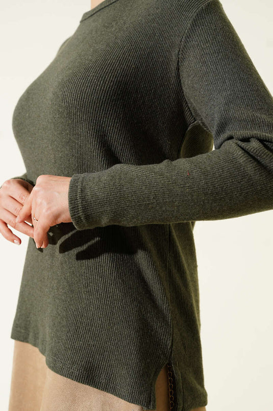 Rundhalsausschnitt Gerippte Bluse Olivgrün