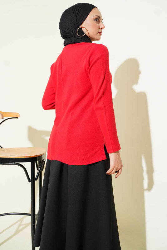 Crew Neck Ribbed Blouse Red